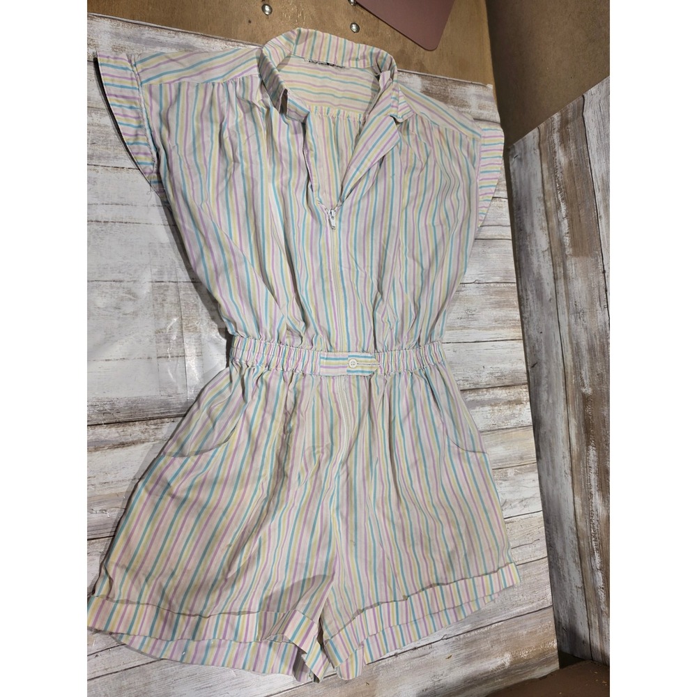 Vintage Pastel Striped Romper Zip Front Elastic Waist Short Jumpsuit TLC READ